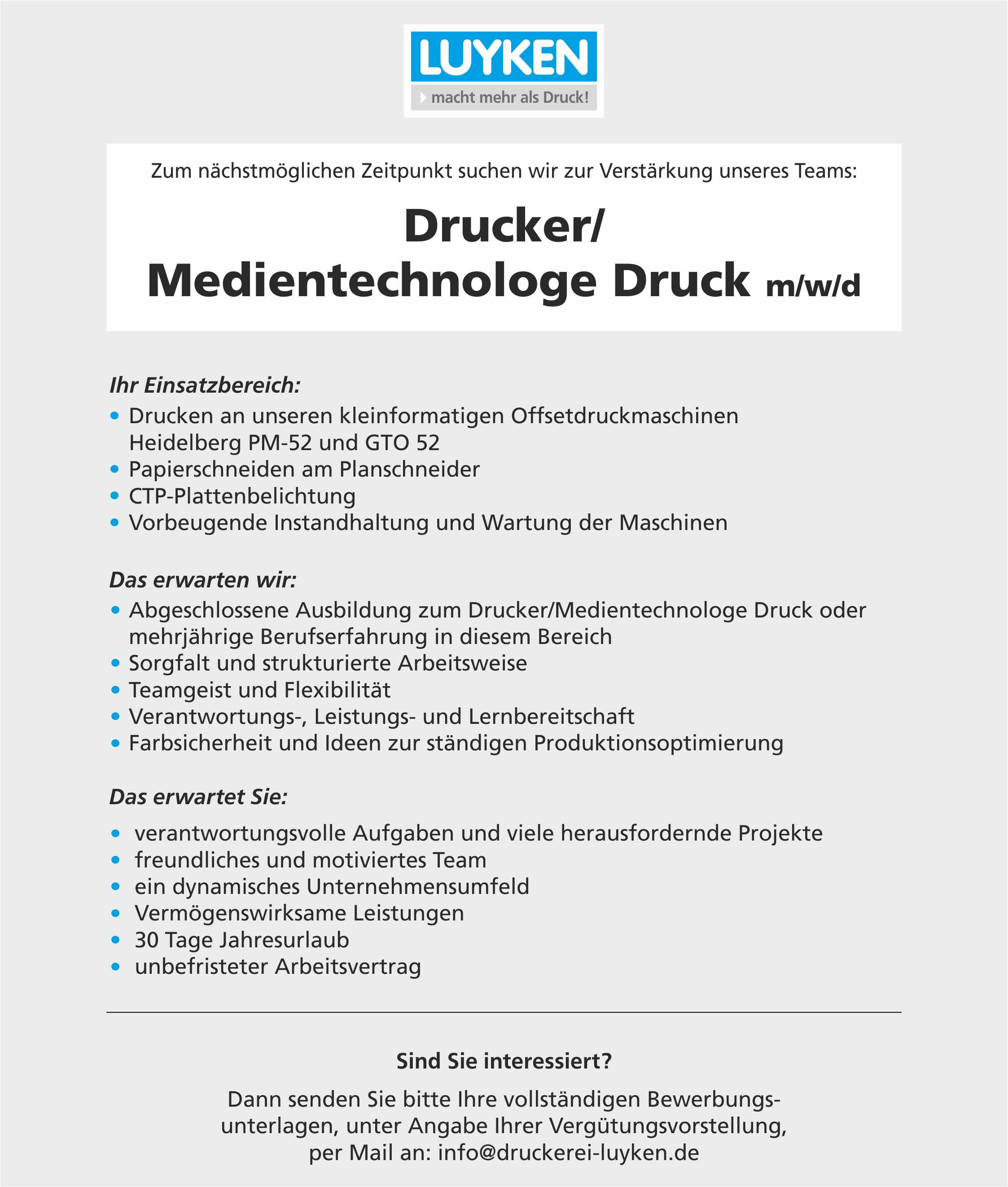 Drucker / Medientechnologe Druck, Fachrichtung Flachdruck/Bogenoffsetdruck